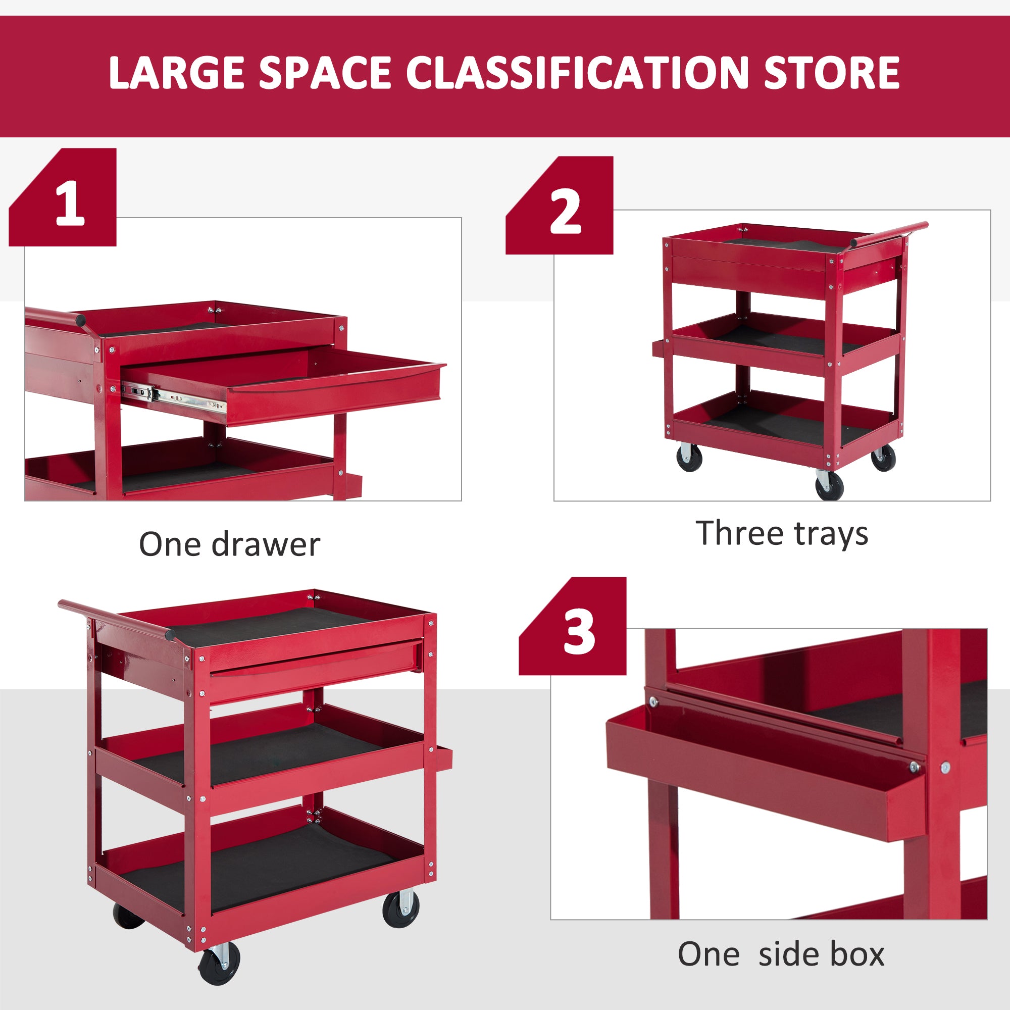 Homcom Tool Cart With 3 Tray 1 Drawer Storage Chest Garage Utility Red