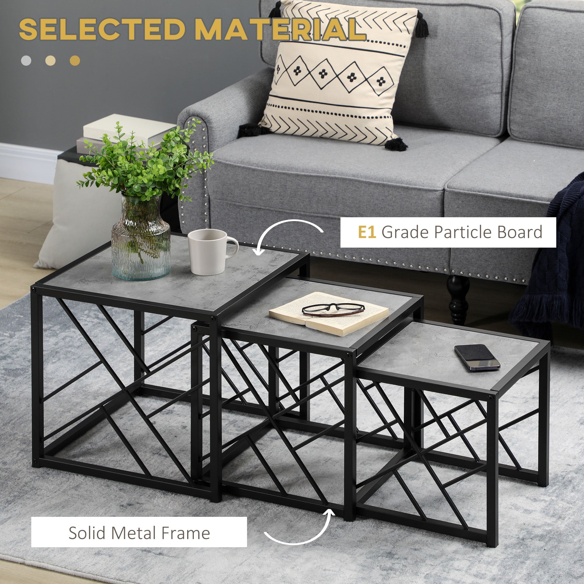 HOMCOM Nest of Tables 3 Piece Square Coffee Table Set Metal Frame for Living Room Bedroom Grey