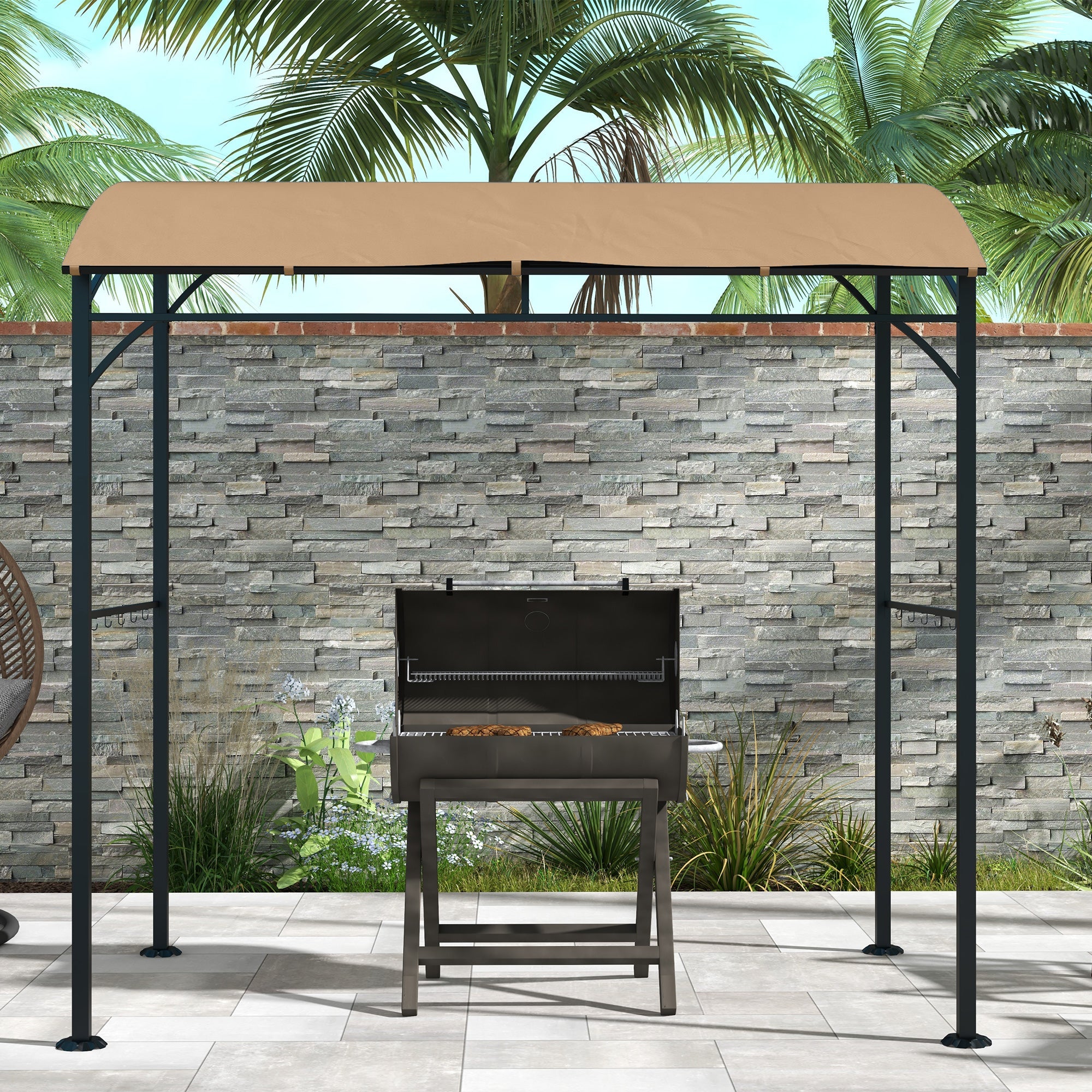 Outsunny BBQ Grill Gazebo 7'x5', Garden Grill Canopy with Steel Frame & Hooks, Outdoor Sun Shade, Dark Brown
