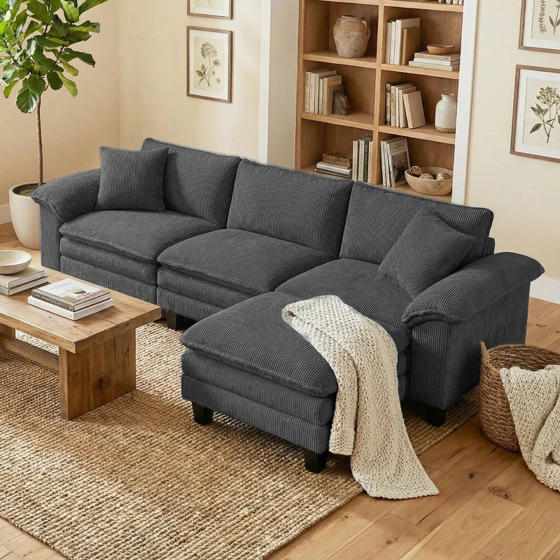 Sectional Sofa, L Shaped Couch with Deep Seat, Movable Ottoman and Pillow-top Armrests, Dark Grey