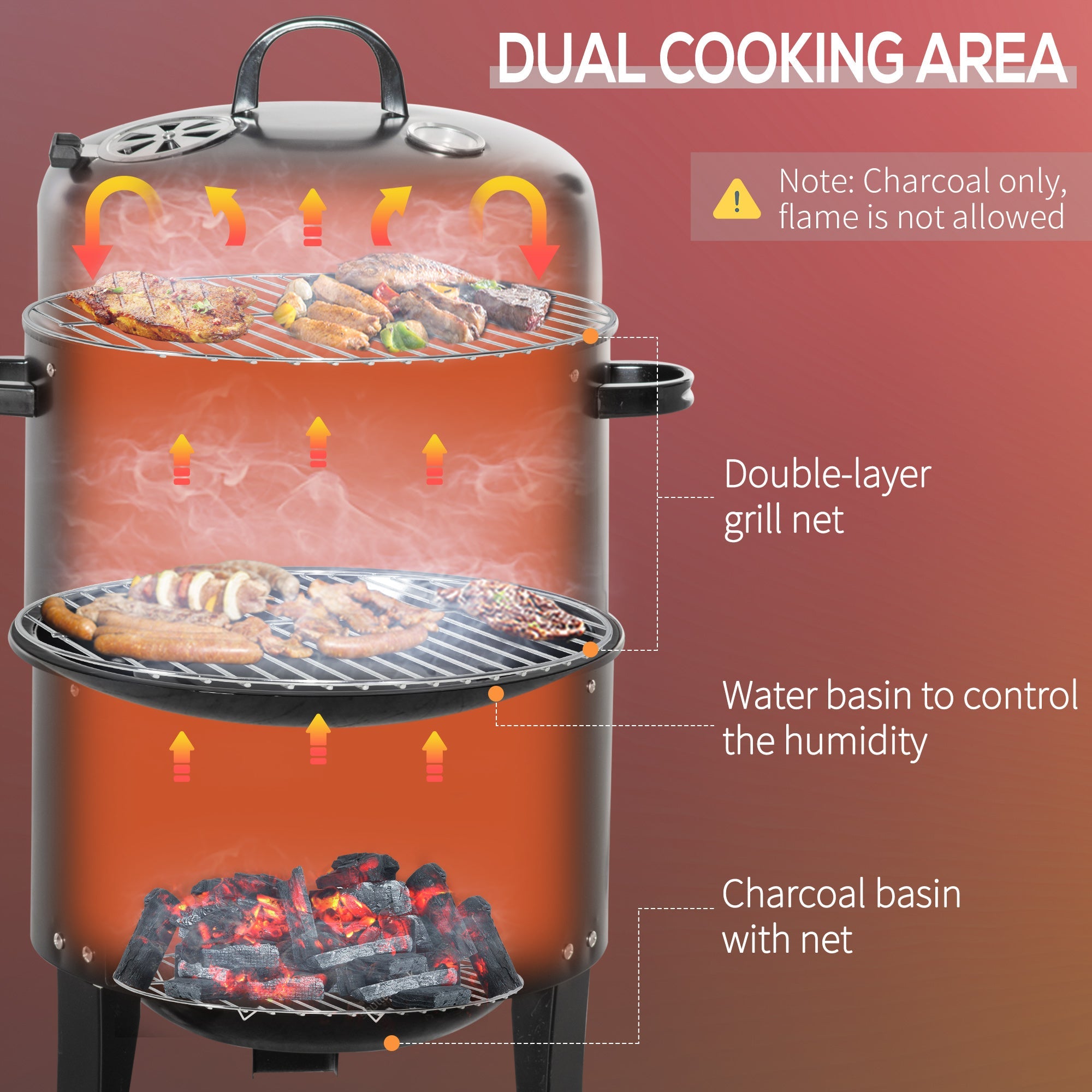 Outsunny Vertical Charcoal BBQ Smoker 3-in-1, 16" Round Barbecue Grill with Dual Cooking Areas, Thermometer, Black