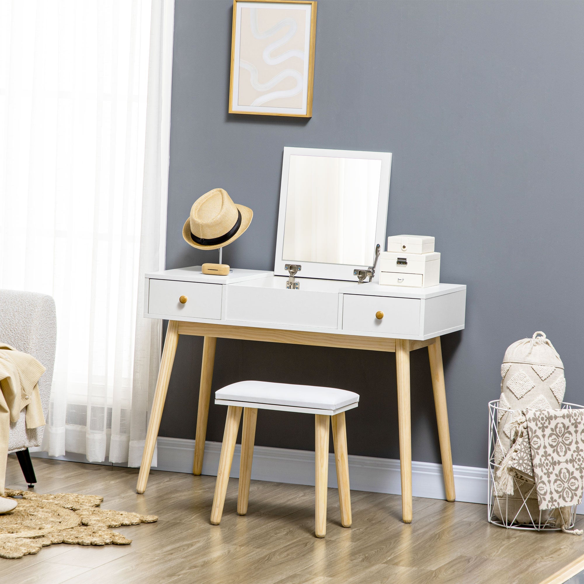 Homcom White Makeup Vanity Dressing Table Mirror With Set Cushioned Stool Makeup Vanity Dressing Desk With 2 Drawers And Storage