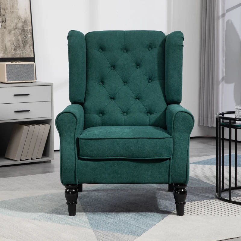 Fabric Accent Chair, Button Tufted Armchair, Armchair with Wood Legs, Thick Padding for Bedroom Dark Green