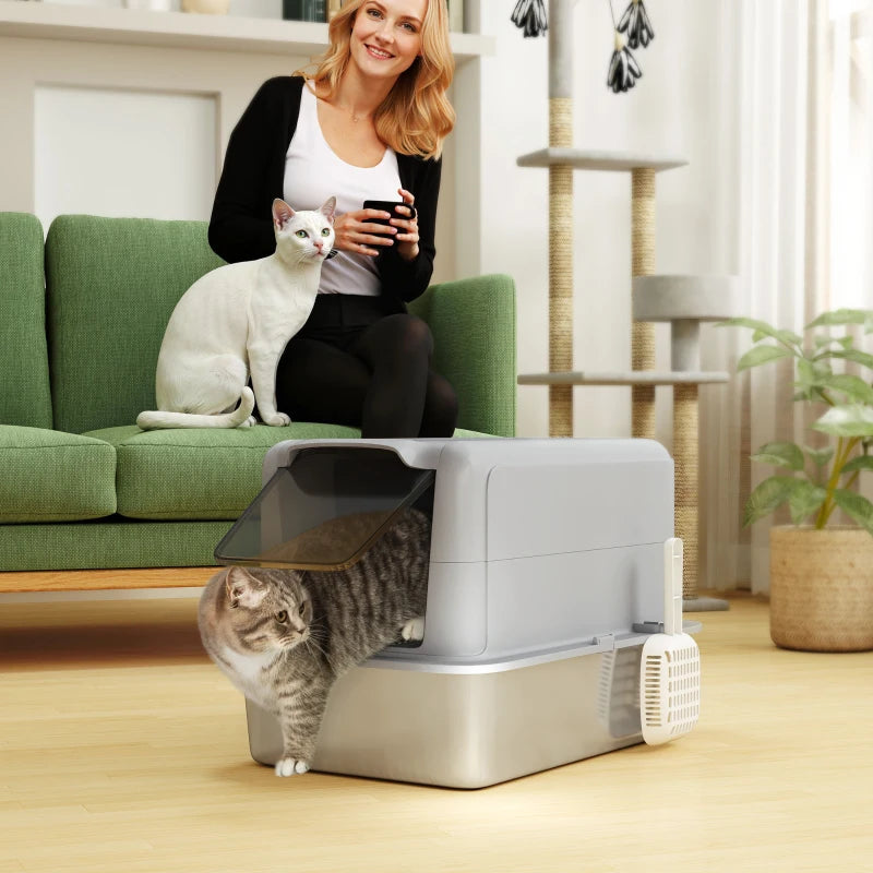 Stainless Steel Cat Litter Box w/ Removable Lid & Scoop, for Small to Large Cats, Easy to Clean, Grey