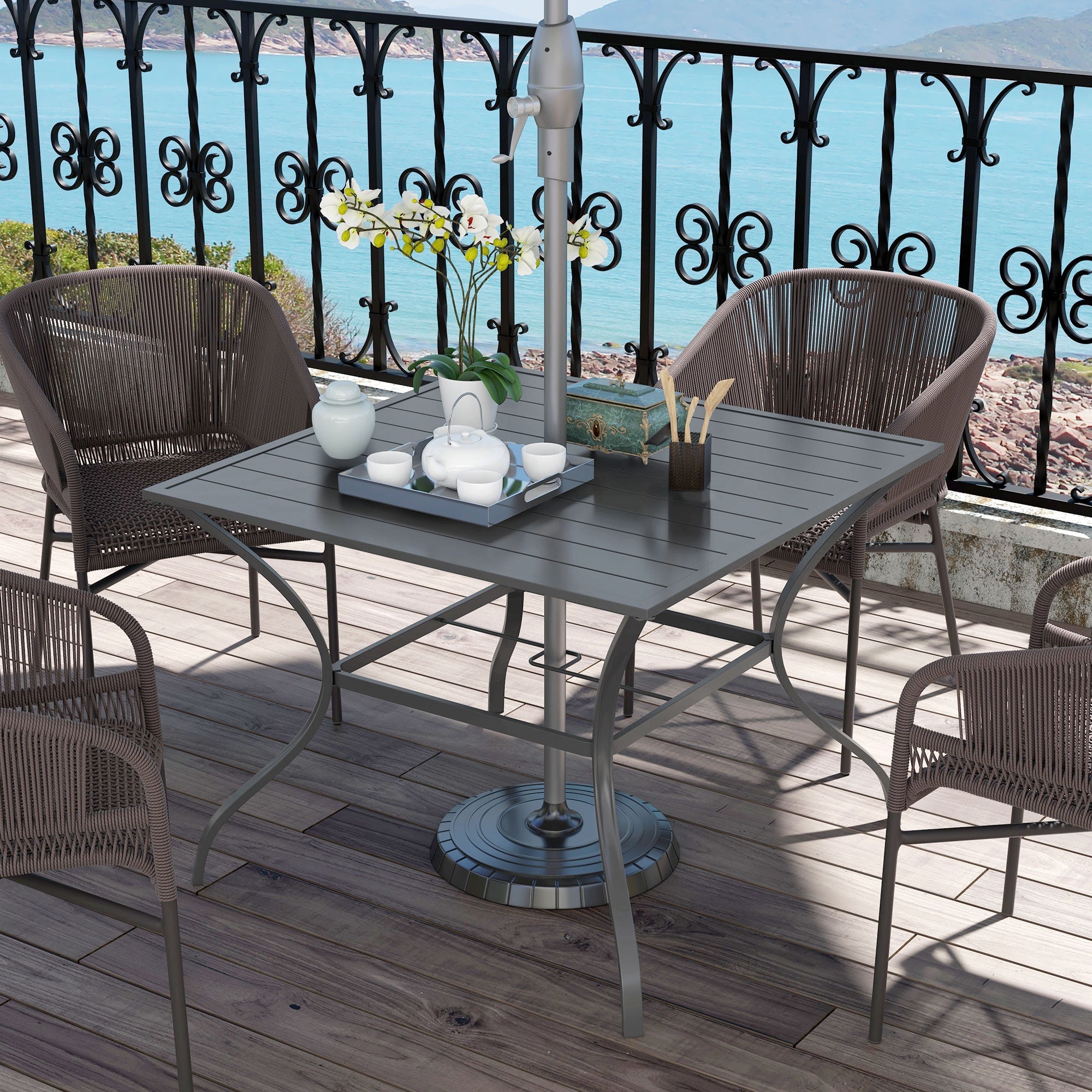 Outsunny Square Patio Dining Table with Umbrella Hole Outdoor Garden Table Slatted Metal Top for Poolside Backyard Dark Grey