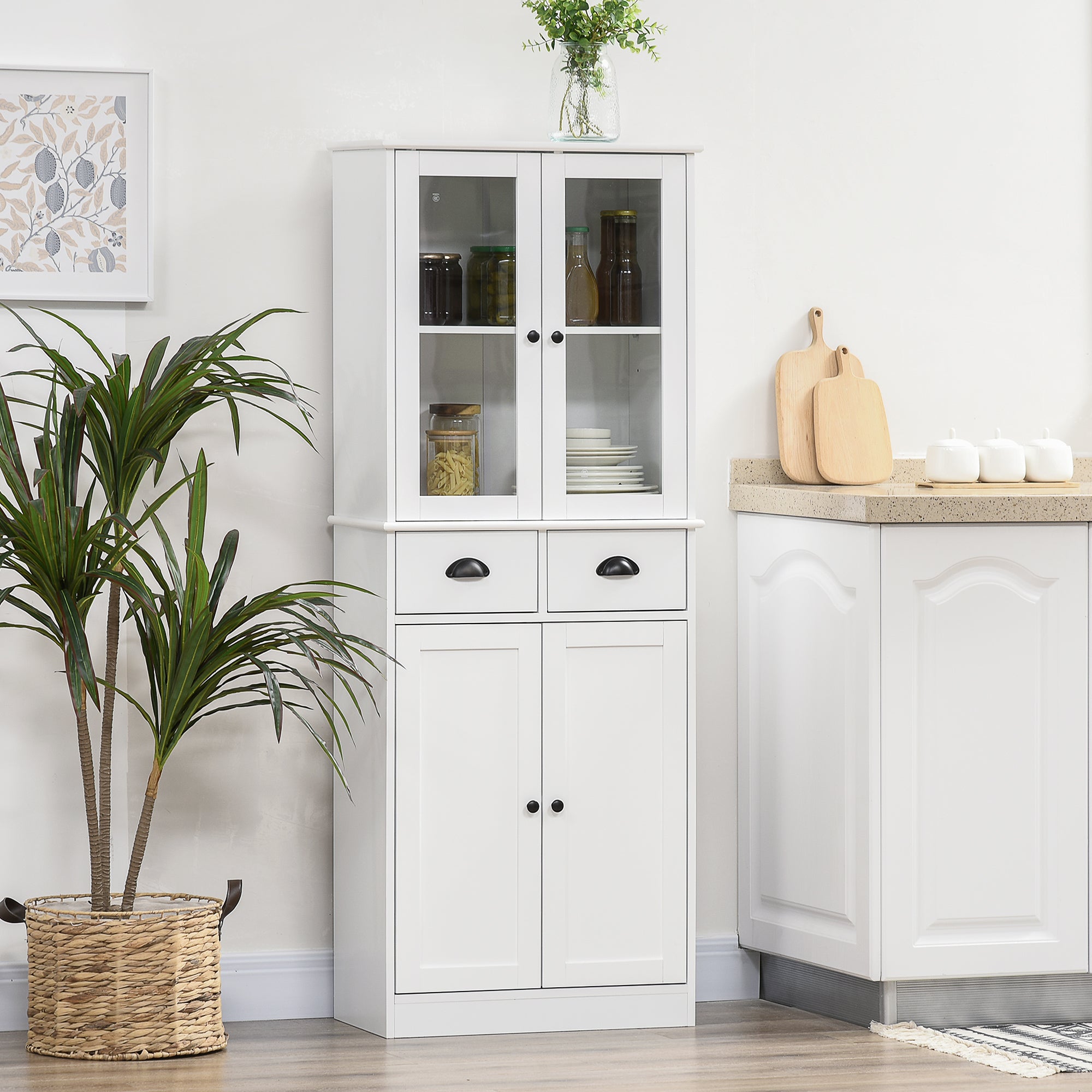 HOMCOM 61" Traditional Freestanding Kitchen Pantry Cabinet White Storage Soft Close Doors Shelves Drawers