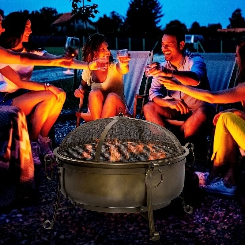 Large Wood Burning Fire Pit Cauldron Style Steel Bowl w/ BBQ Grill, Log Poker, and Mesh Screen Lid - Free Shipping