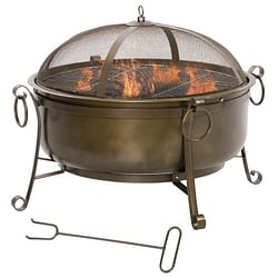 Large Wood Burning Fire Pit Cauldron Style Steel Bowl w/ BBQ Grill, Log Poker, and Mesh Screen Lid - Free Shipping
