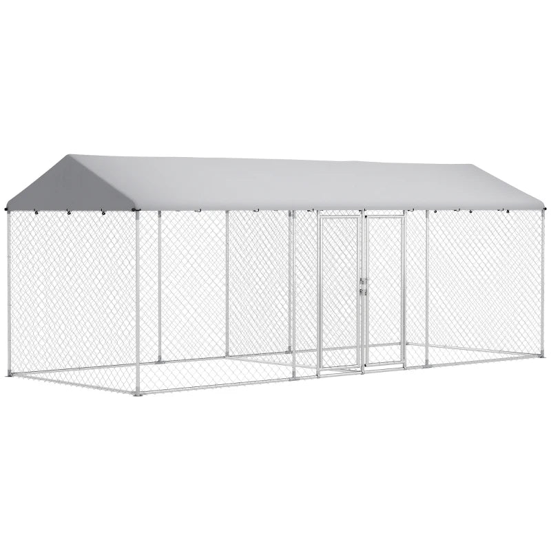 Outdoor Dog Kennel with Two Rooms, Waterproof UV-Resistant Cover, Escape-Proof Lock, 19.7' x 7.5' x 7.5'