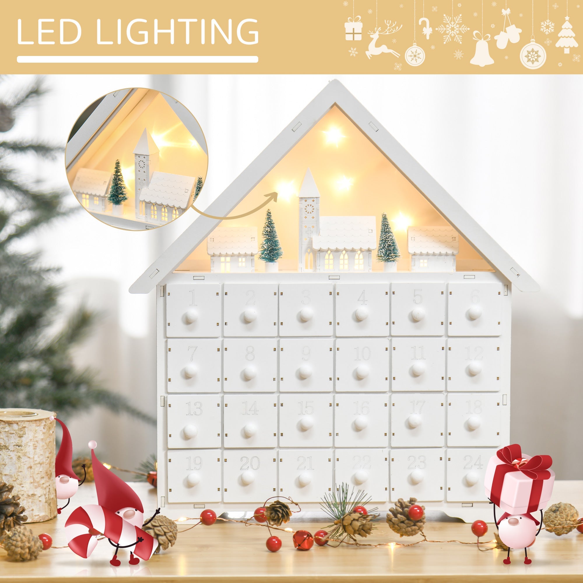 HOMCOM Light-Up Christmas Advent Calendar, Wooden Xmas House, Holiday Countdown with Drawer, Village Theme, White