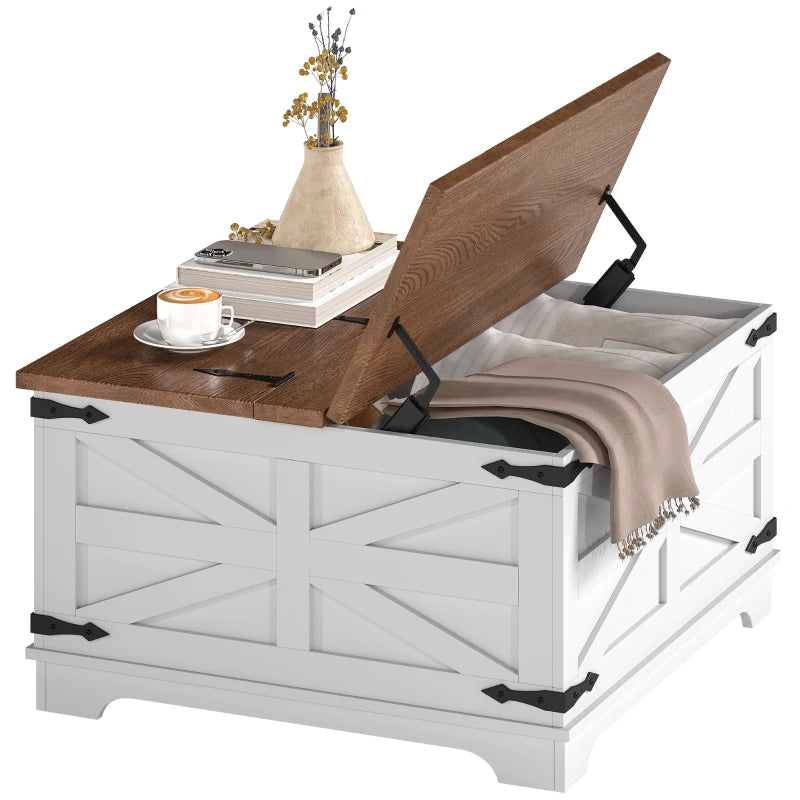 Farmhouse Coffee Table, Square Center Table with Flip-top Lids, Hidden Storage Compartment, White