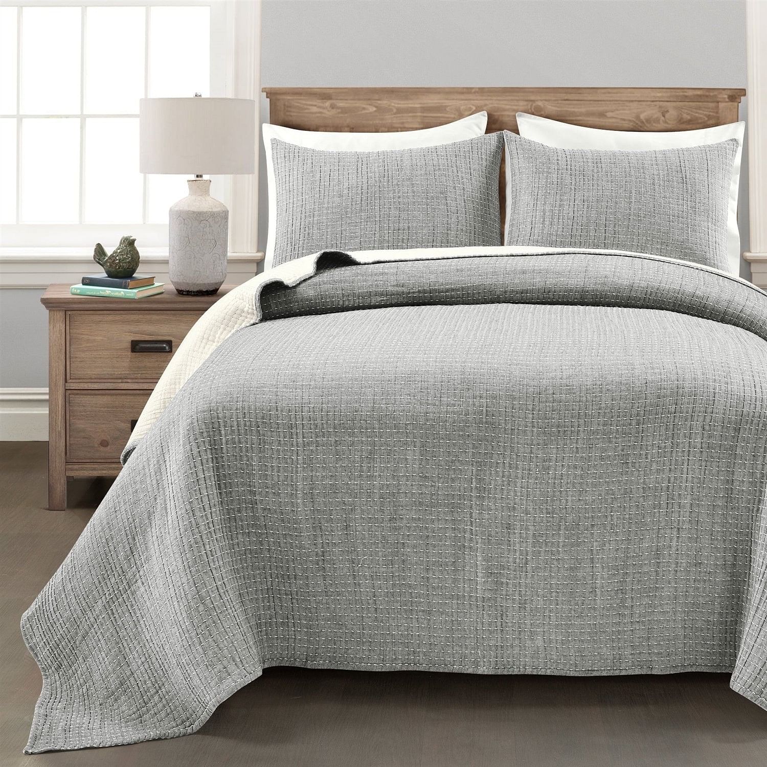 King Size 3-Piece Reversible Cotton Yarn Woven Coverlet Set in Grey Cream - Free Shipping