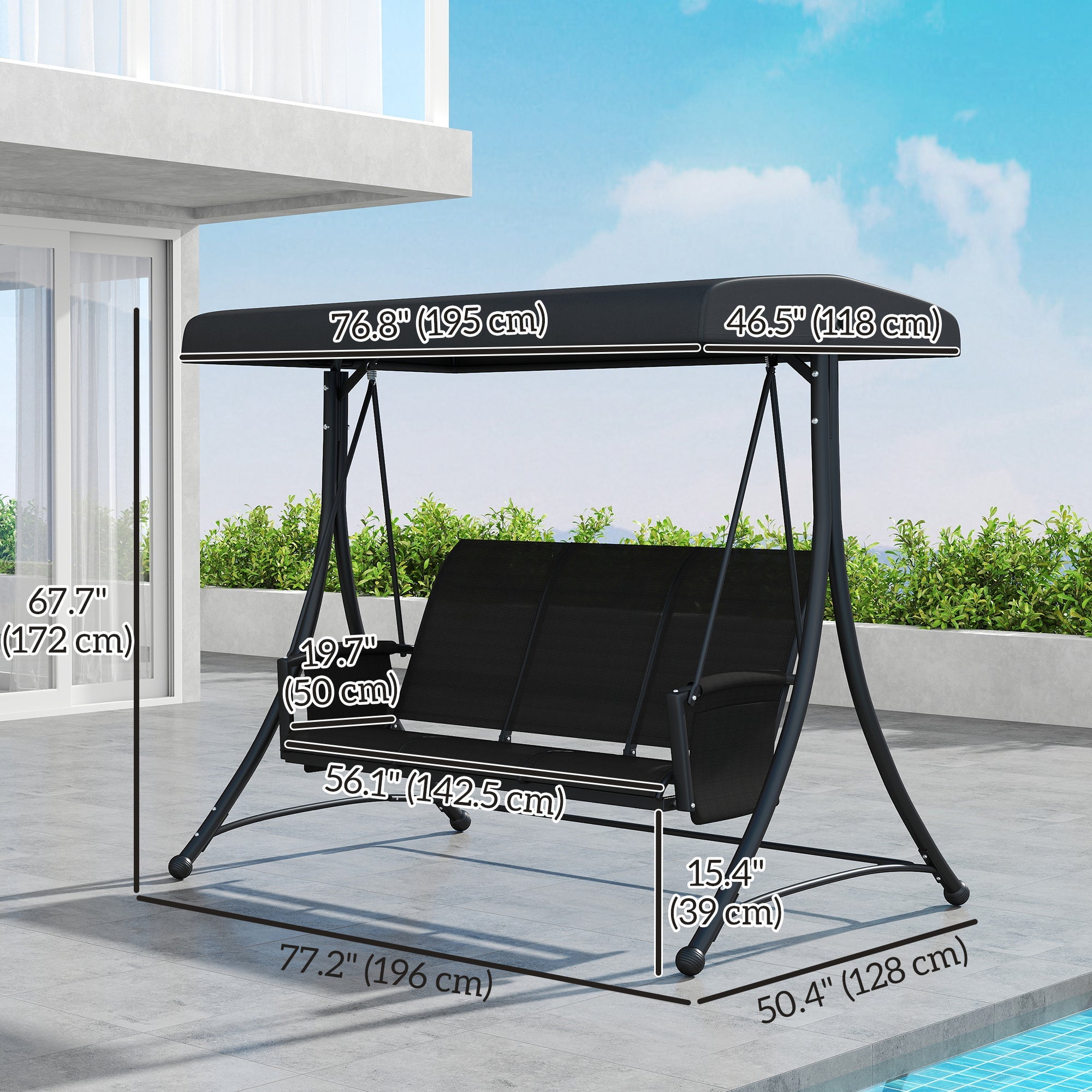 Outsunny 3 Person Outdoor Porch Swing Chair with Adjustable Canopy, Black