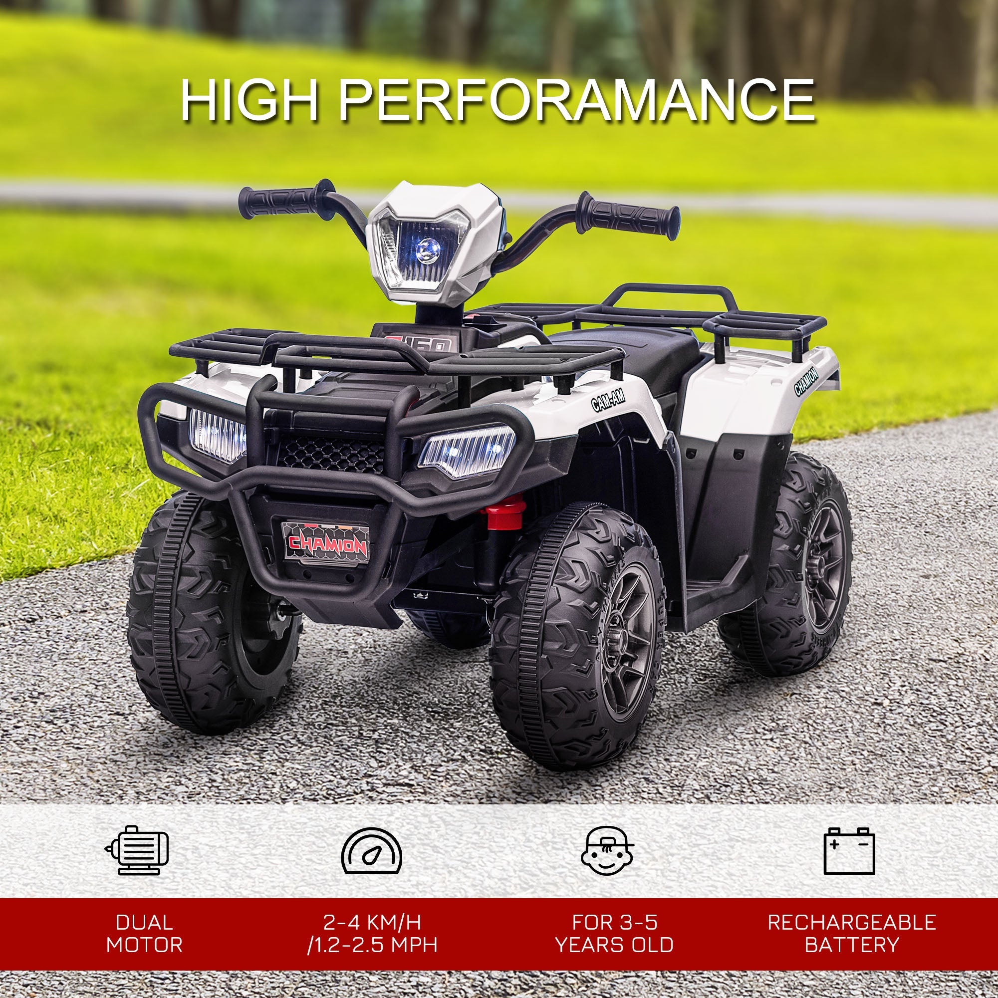 Aosom Kids ATV: 12V, 4 Wheeler Quad, Battery Powered, Music, LED Lights, Treaded Tires, 3-5 Years, White
