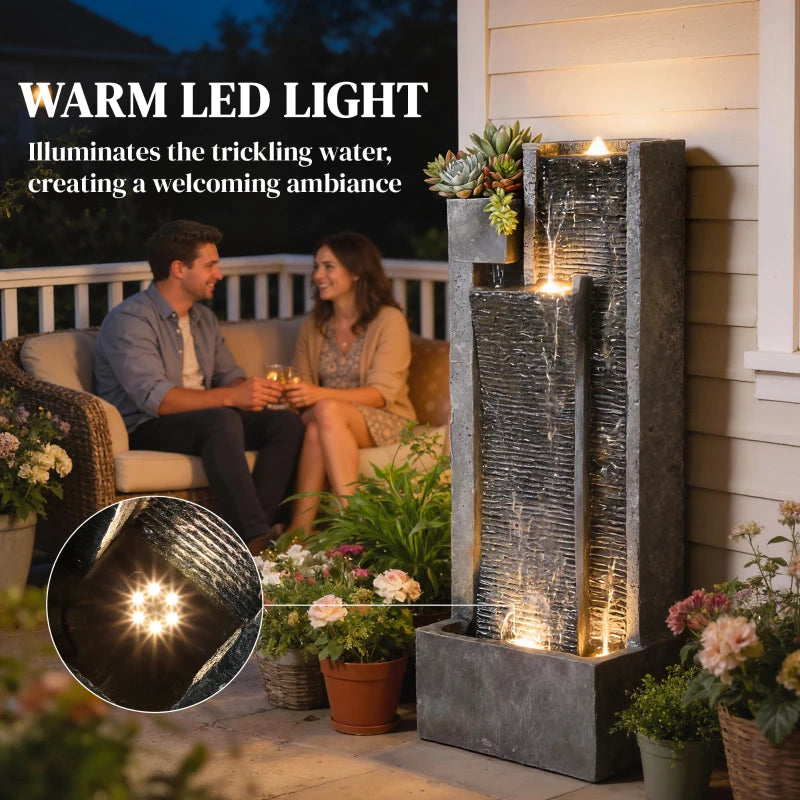Outdoor Water Fountain with LED Lights and Planter, 3-Tier Modern Cascading Waterfall Feature with Pump, Dark Grey