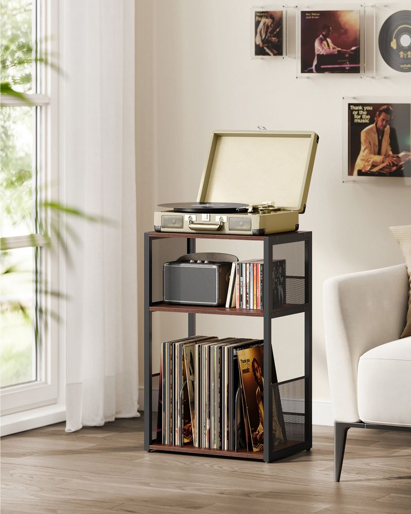 VASAGLE 3-Tier Record Player Stand & Side Table – Vinyl Storage for Up to 100 Albums