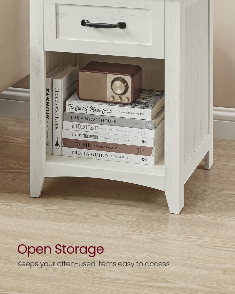 VASAGLE Farmhouse Nightstand with Charging Station, End Table with Drawer and Open Storage, Rustic White & Honey Brown