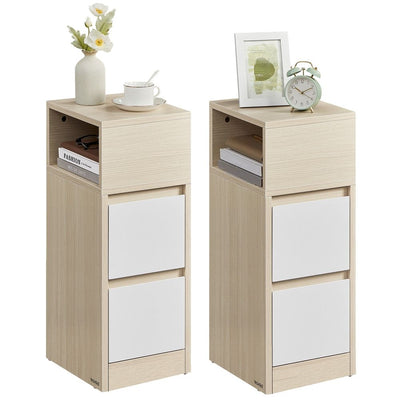 VASAGLE KAILYN Collection Set of 2 Slim Nightstands with Drawers and Open Storage – Natural Beige & White
