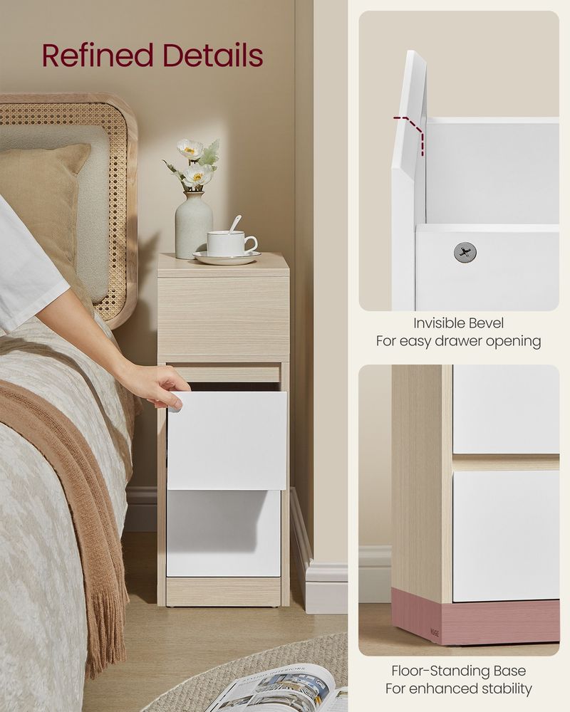 VASAGLE KAILYN Collection Set of 2 Slim Nightstands with Drawers and Open Storage – Natural Beige & White
