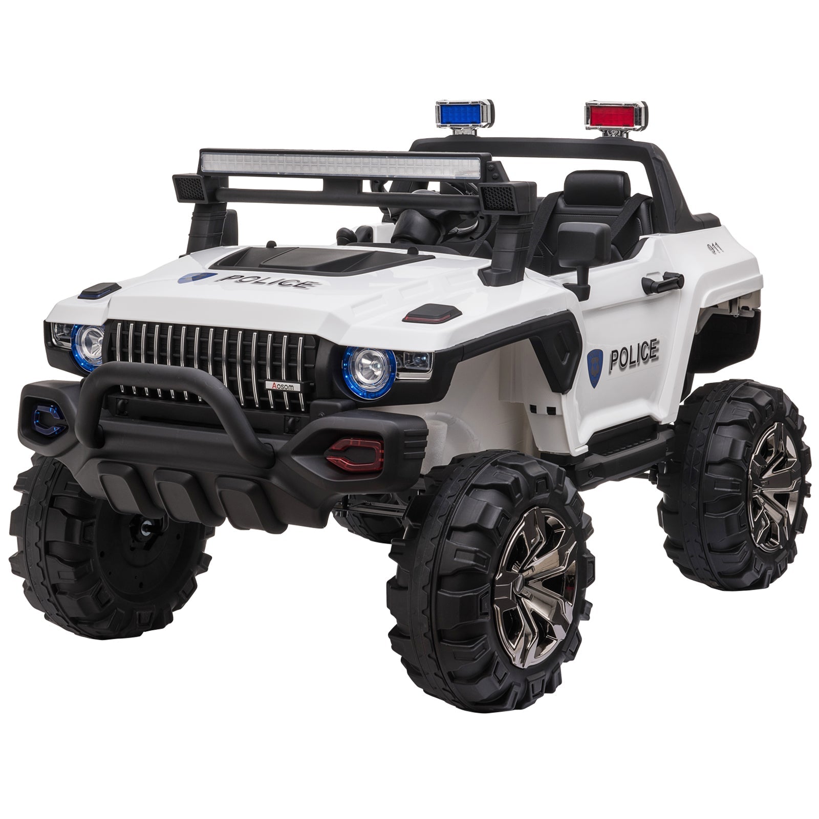 Aosom 12V Kids Police Truck Ride-On Car RC 2-Seater with LED Lights MP3 Parental Remote Control White