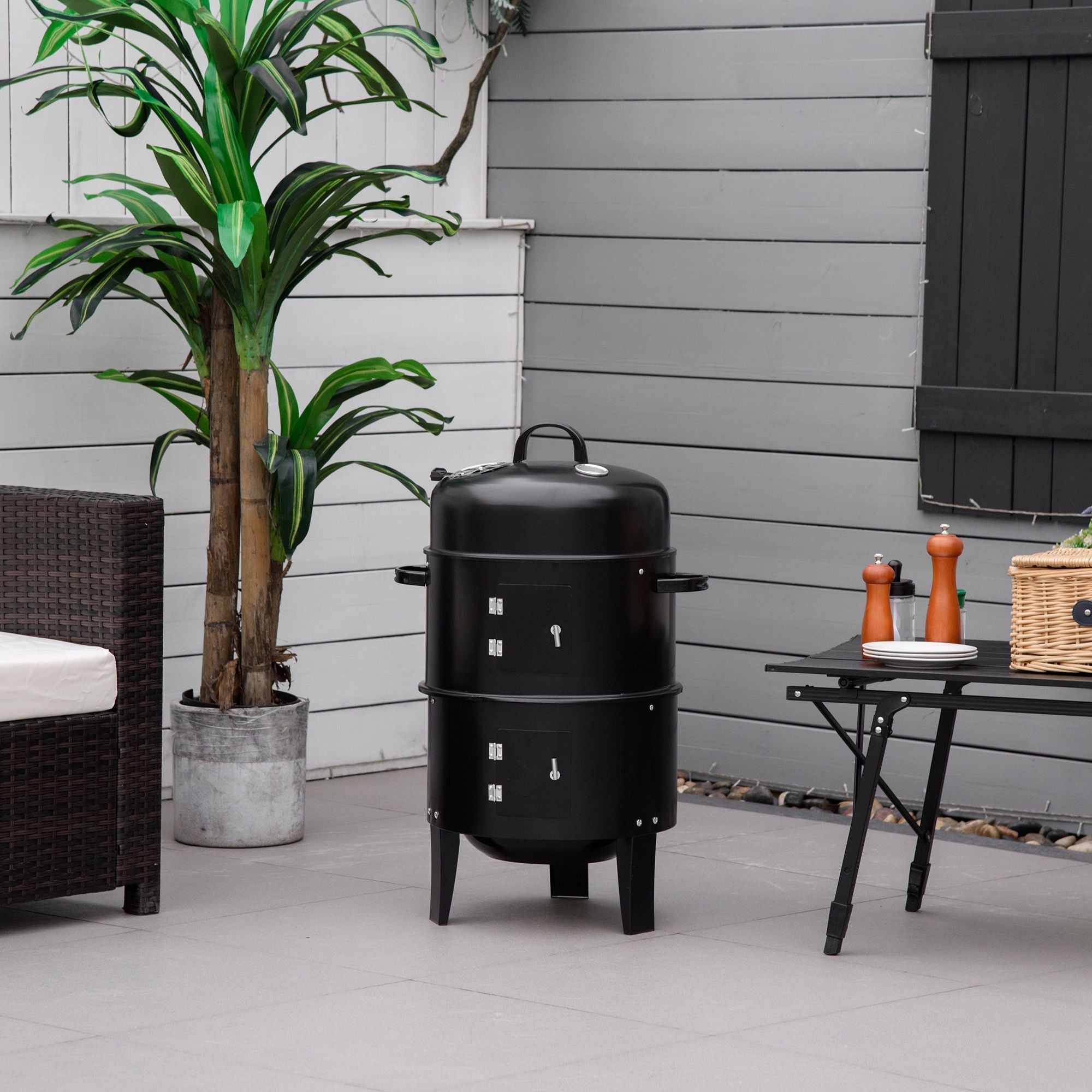 Outsunny Vertical Charcoal BBQ Smoker 3-in-1, 16" Round Barbecue Grill with Dual Cooking Areas, Thermometer, Black