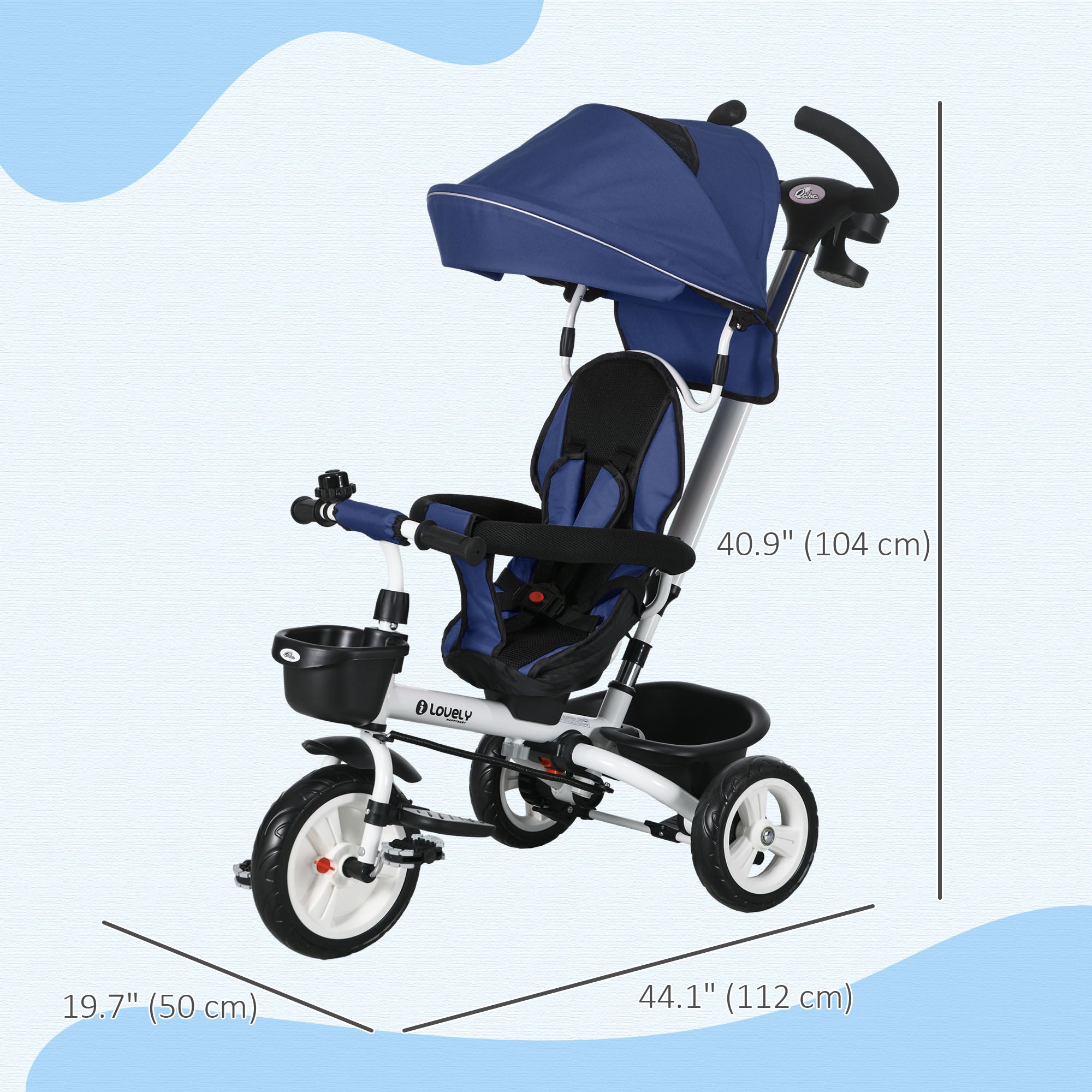 Qaba 6-in-1 Toddler Tricycle - Parent Control Handle, Canopy, Storage, Cupholder, in Dark Blue, Ideal for 1-5 Years