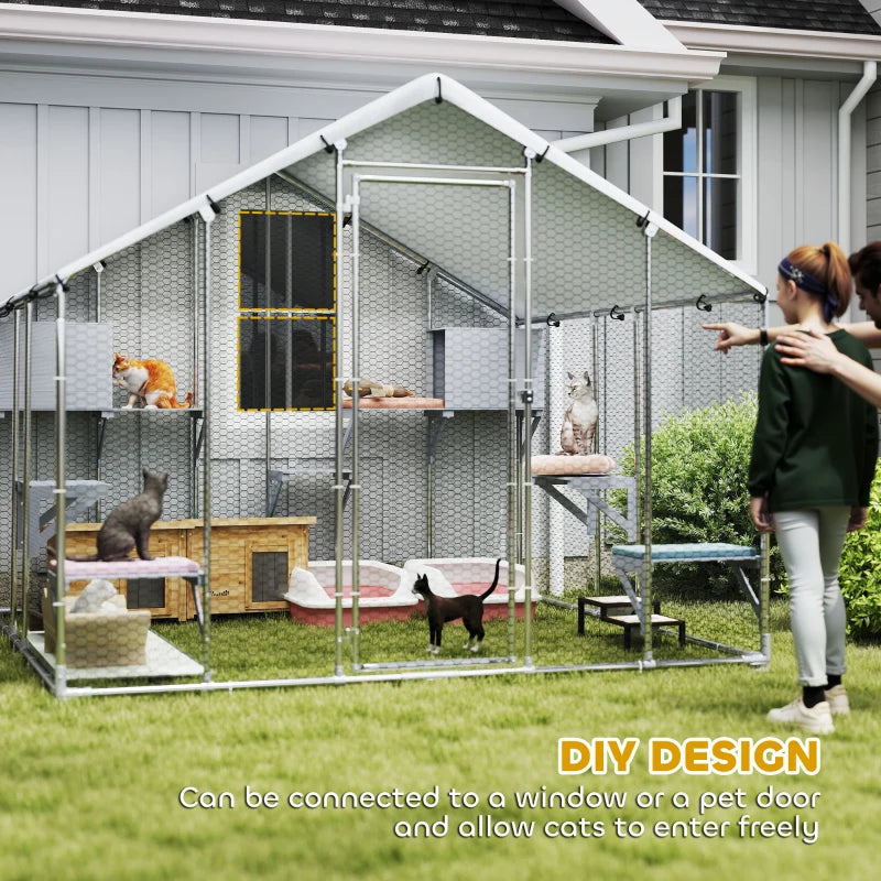 94.5" Extra Large Metal Outdoor Catio with Waterproof Cover, 2 Resting Boxes, 7 Platforms, for Multiple Rabbits, Chicken