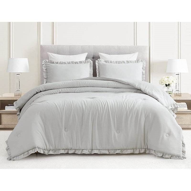 King Oversized Grey Ruffled Edge Microfiber Comforter Set - Free Shipping