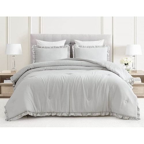 King Oversized Grey Ruffled Edge Microfiber Comforter Set - Free Shipping