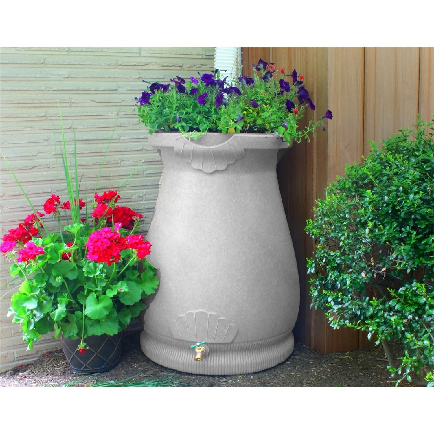 Light Grey Granite 65 Gallon Plastic Urn Rain Barrel with Planter Top - Free Shipping
