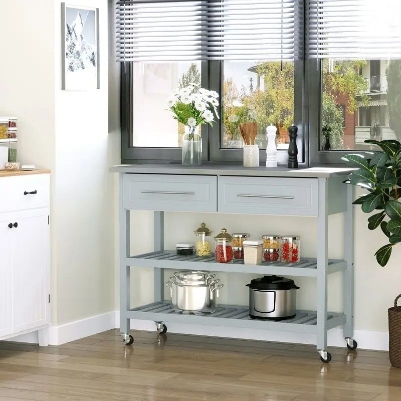 Light Gray Rolling Kitchen Island 2 Drawers Storage with Stainless Steel Top - Free Shipping