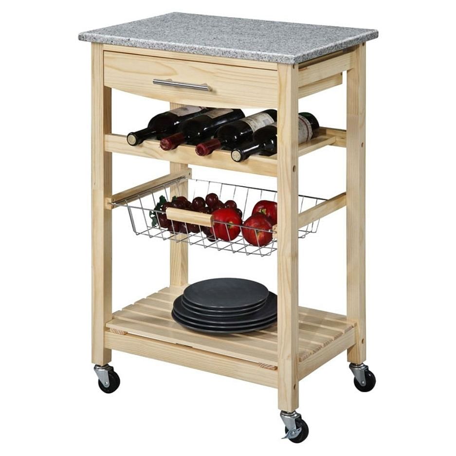 Natural Wood Finish Kitchen Island Cart with Granite Top - Free Shipping