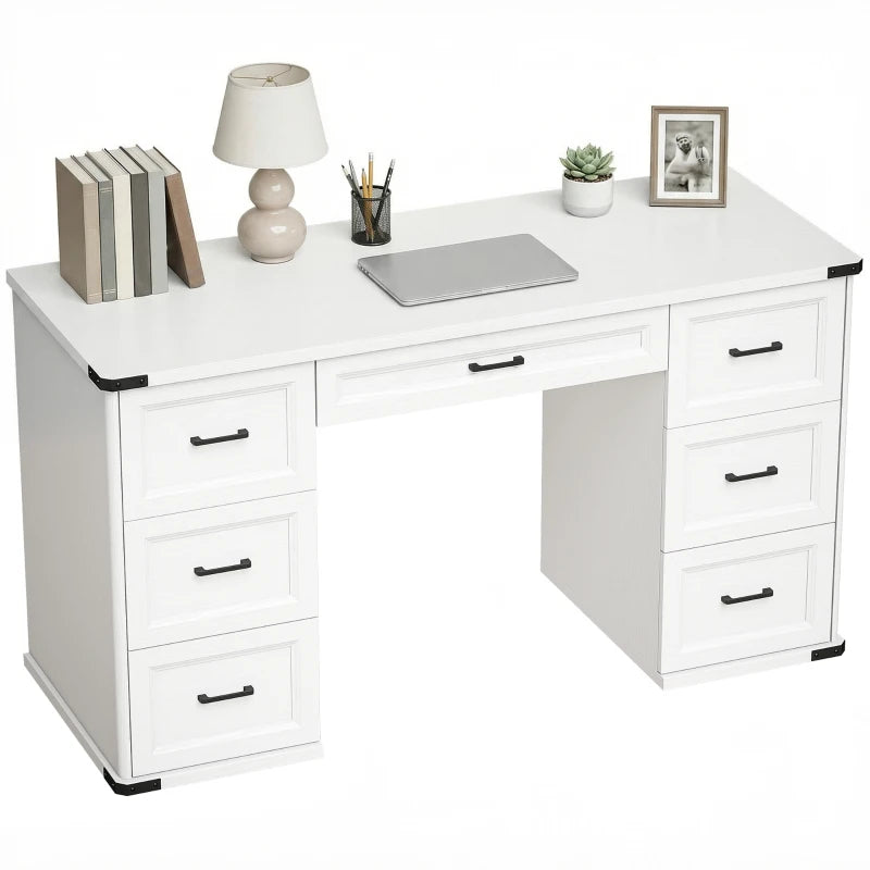 55" Computer Desk with 7 Drawers, Farmhouse Executive Desk for Home Office, Study, Bedroom, White Wood Grain