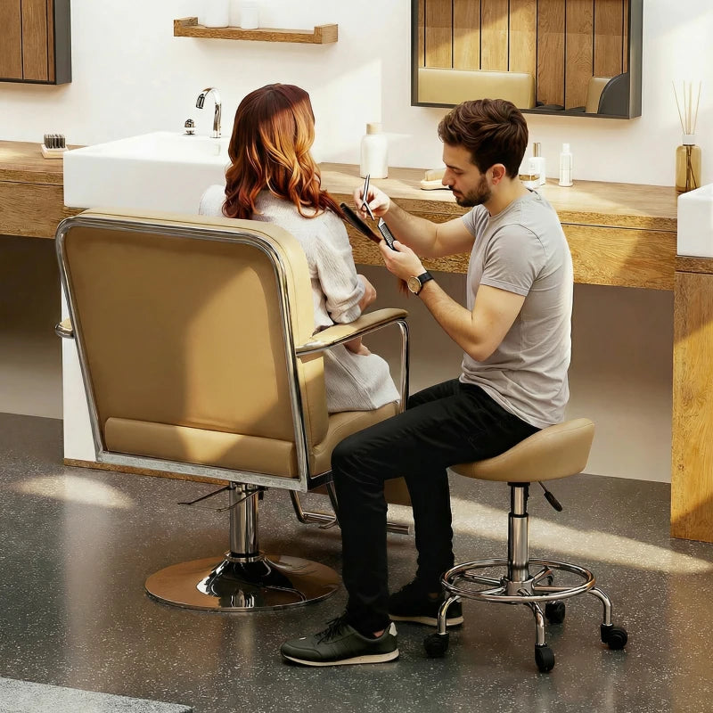PU Leather Rolling Stool, Height Adjustable Swivel Salon Chair with Backrest and Foot Rest for Spa, Tattoo, Light Brown