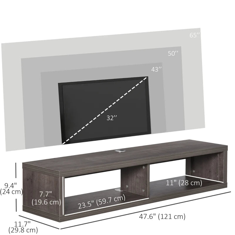 Floating TV Stand Shelf for 50" TVs, Wall Mounted Entertainment Center for Living Room, Bedroom, Media Console with Storage Shelf for Audio, Video, Dark Grey Wood Grain