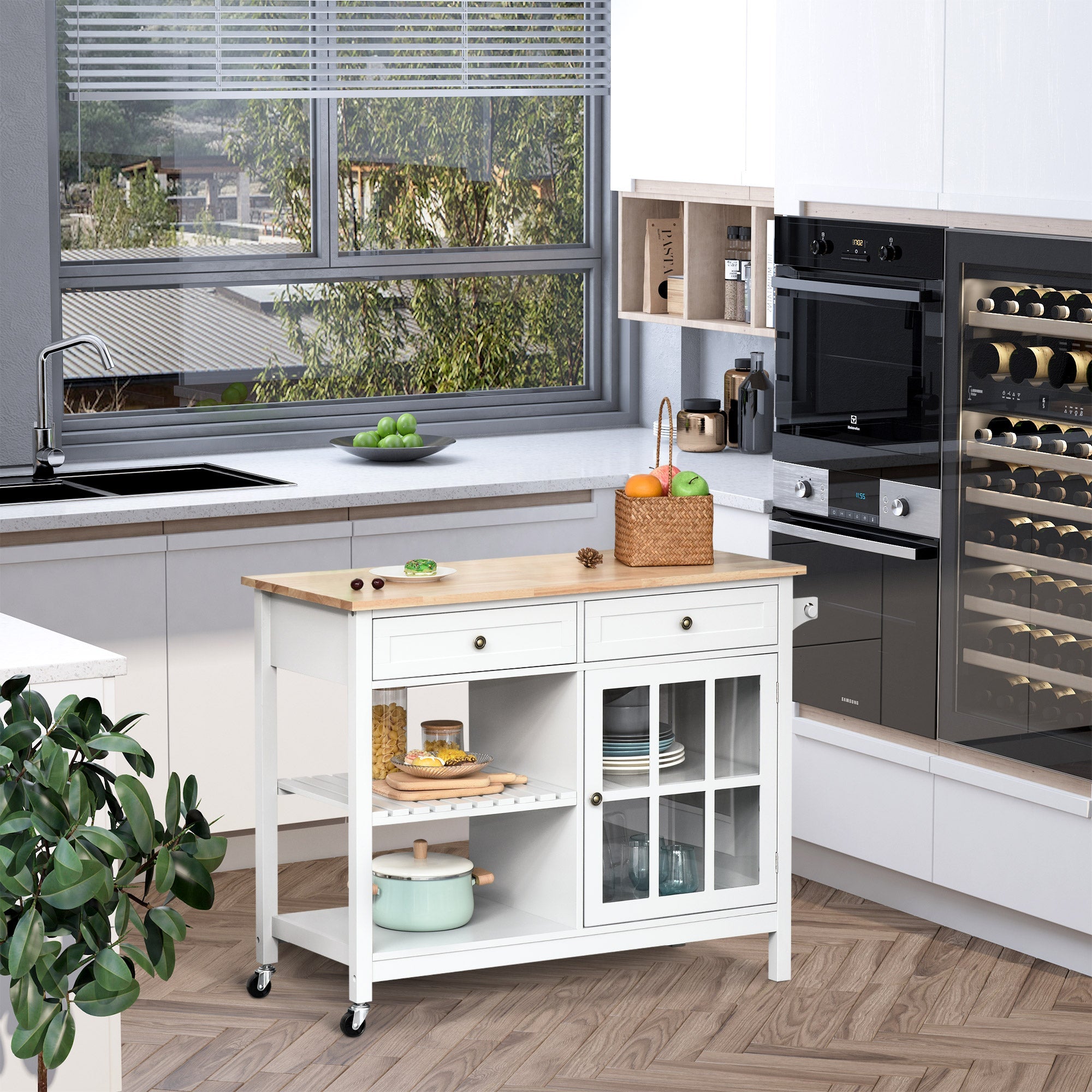HOMCOM White Kitchen Utility Cart: Rolling Island with Rubber Wood Top, Towel Rack, Cabinets & Drawer Storage