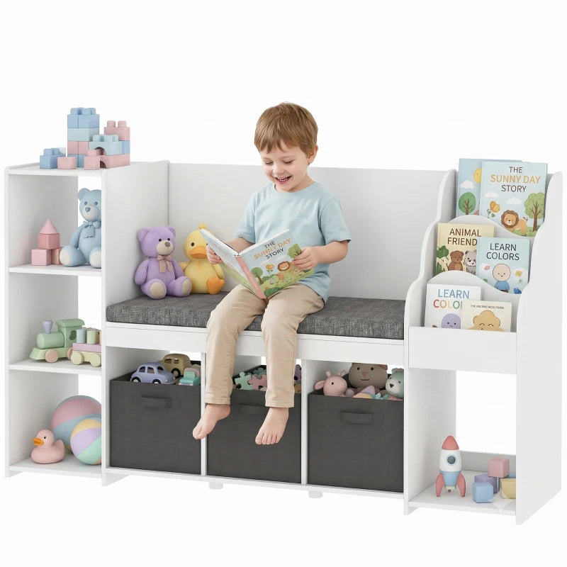 Qaba Kids Storage Shelf with Reading Nook, Toy Organizer with Cushion Seat, Bookshelf, 4 Cubbies & 3 Fabric Drawers for Playroom and Nursery
