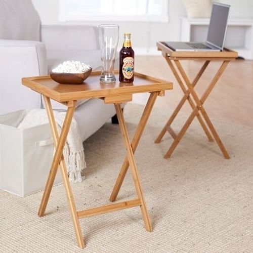 Set of 2 Bamboo Wood TV Table Snack Coffee Tables in Natural - Free Shipping
