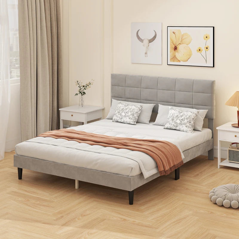 Queen Size Bed Frame with Upholstered Headboard, Modern Platform Bed Frame with Wood Slats, 1100 lbs Capacity, Grey