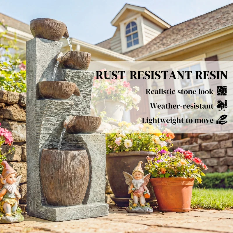 Outdoor Cascading Rock Water Fountain, 5-Tier Waterfall Feature with LED Lights, Adjustable Flow, Grey and Rustic Brown