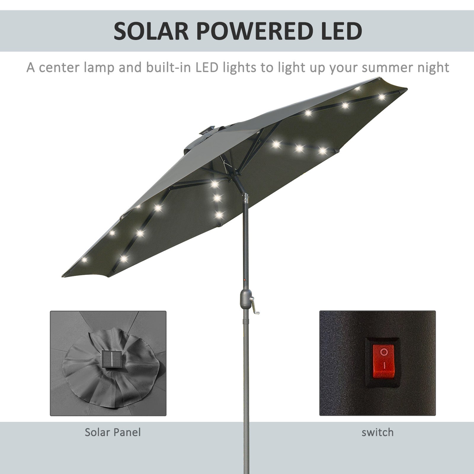 Outsunny Solar Twilight Canopy: 9ft Outdoor Sunshade with 24 LED Lights, Tilting Umbrella Charcoal Grey