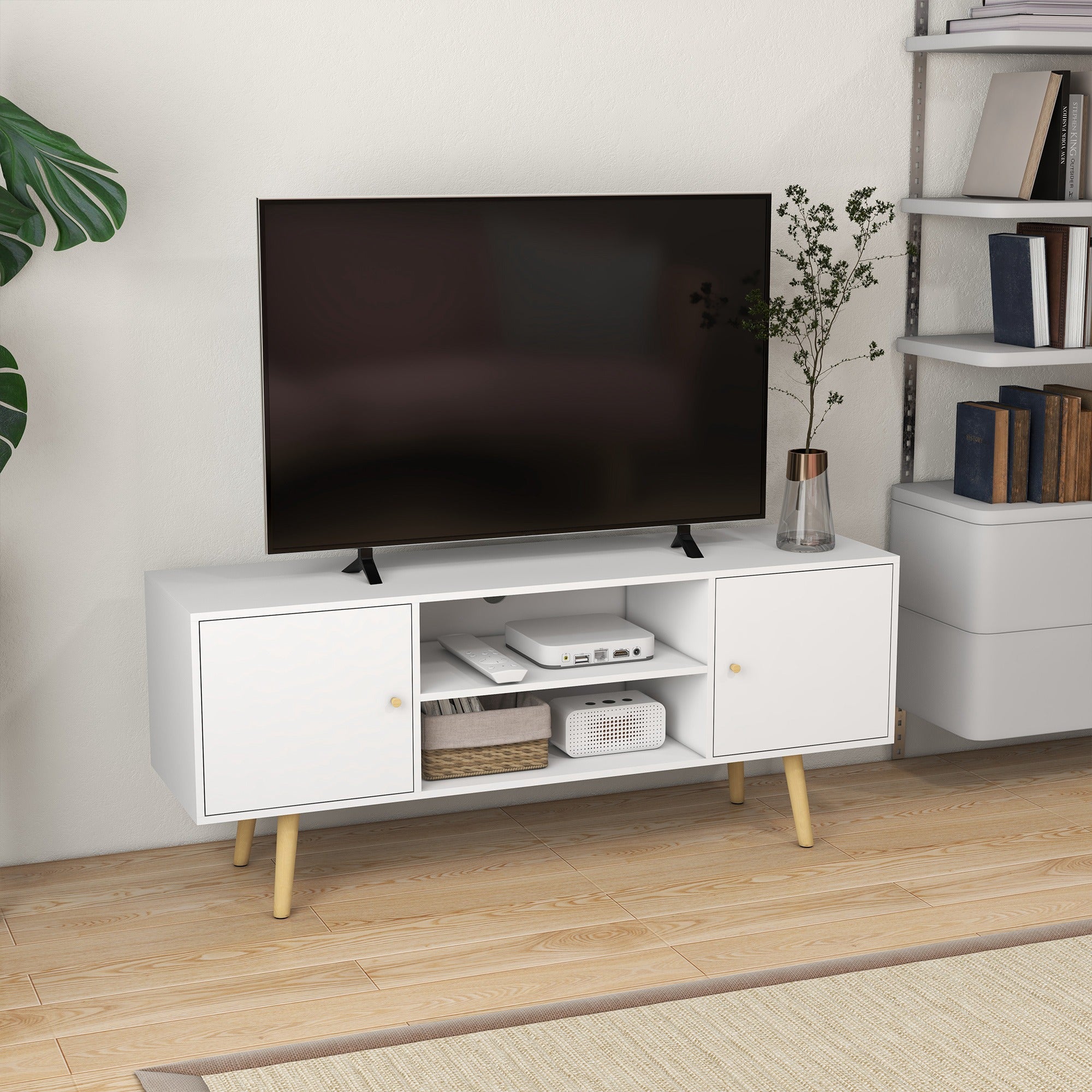 HOMCOM Elegant Media Showcase: White TV Stand for 55" TVs, Entertainment Unit with Storage Shelves, Wood Legs for Living Room