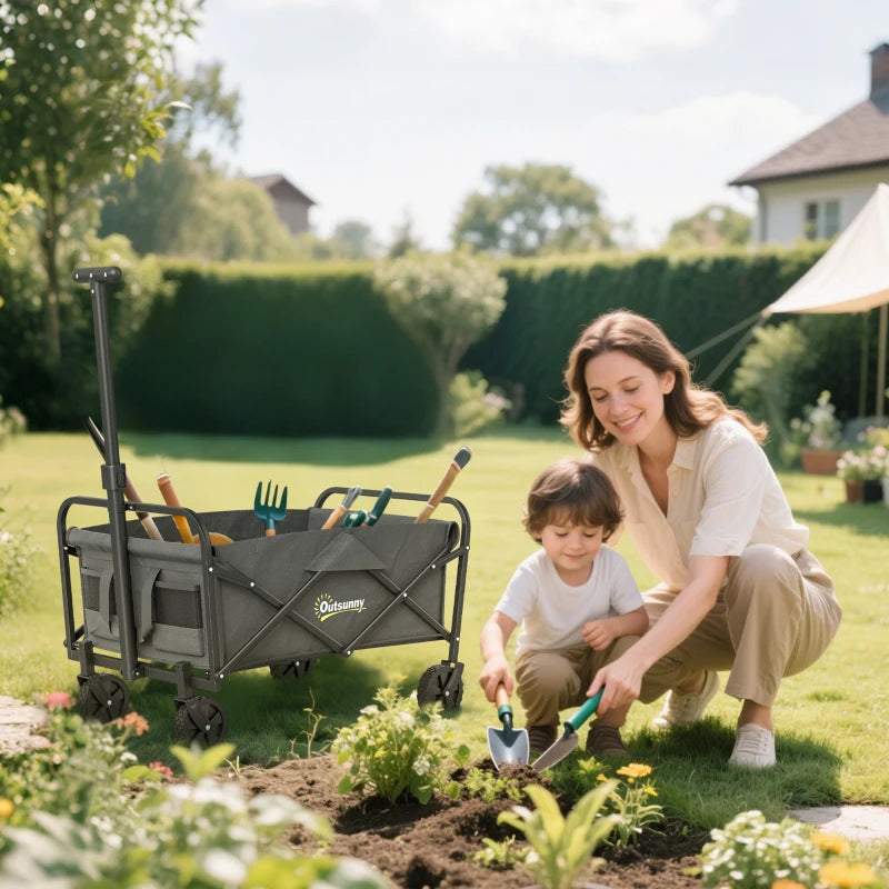 Collapsible Folding Garden Cart, Heavy Duty Lawn Wagon with Universal Wheels and Adjustable Handle, Grey