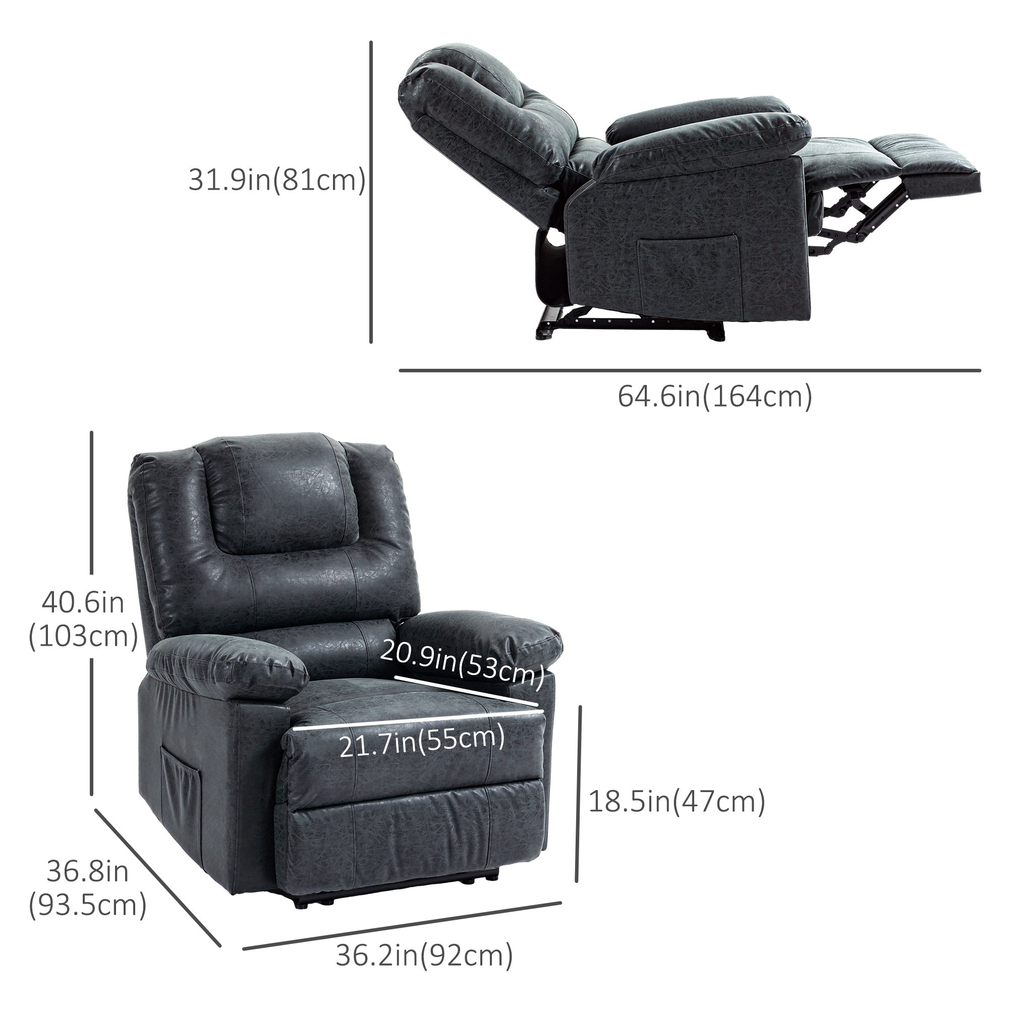 HOMCOM PU Leather Reclining Chair, Manual Recliner Chair for Living Room with Footrest, 2 Side Pockets, Steel Frame, Black