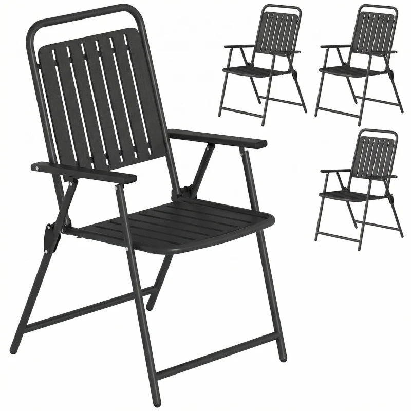 Folding Garden Chairs, Garden Dining Chairs with Plastic Slatted Seat Back, Armrests, Steel Frame, Set of 4, Black