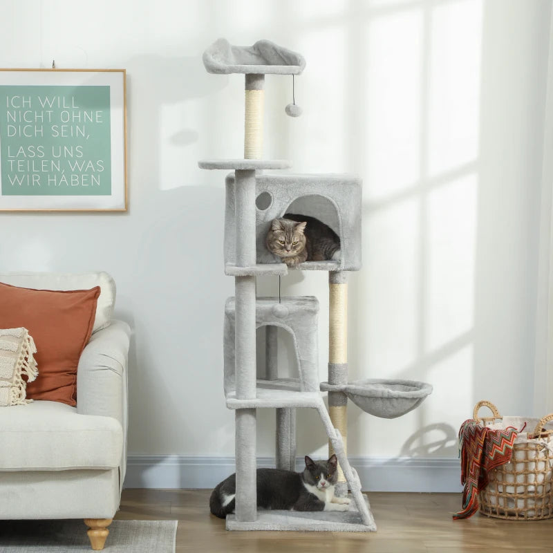 63 Inch Cat Tree with Sisal Scratching Posts, Condos, Plush Perches, Hammock, Ladder, Dangling Balls, Light Grey