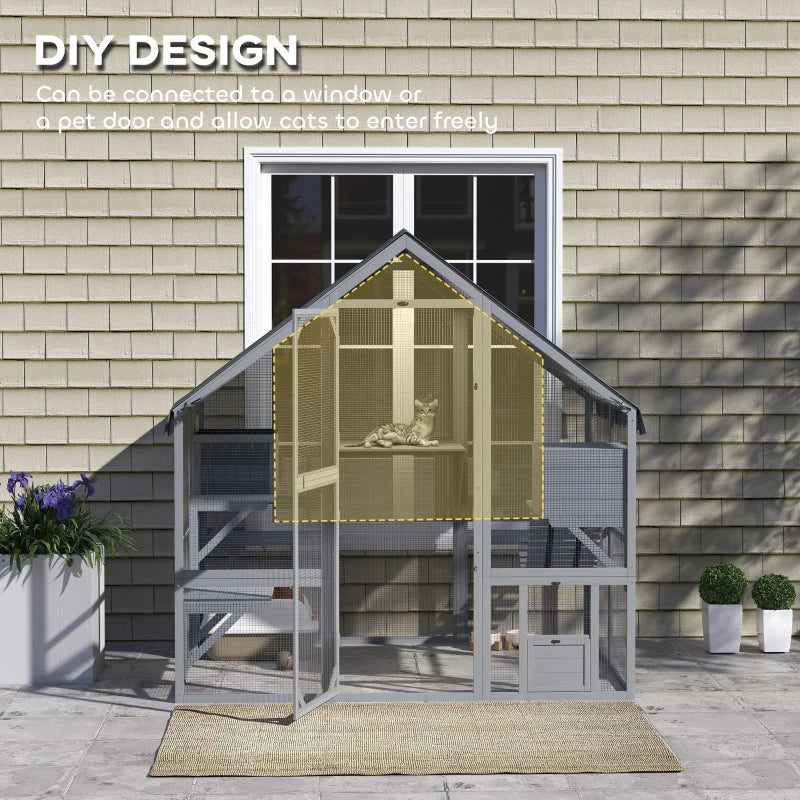 Large Catio Outdoor with Waterproof Cover, 2 Resting Boxes, 4 Platforms, Bridge, for 2-4 Kittens, Grey