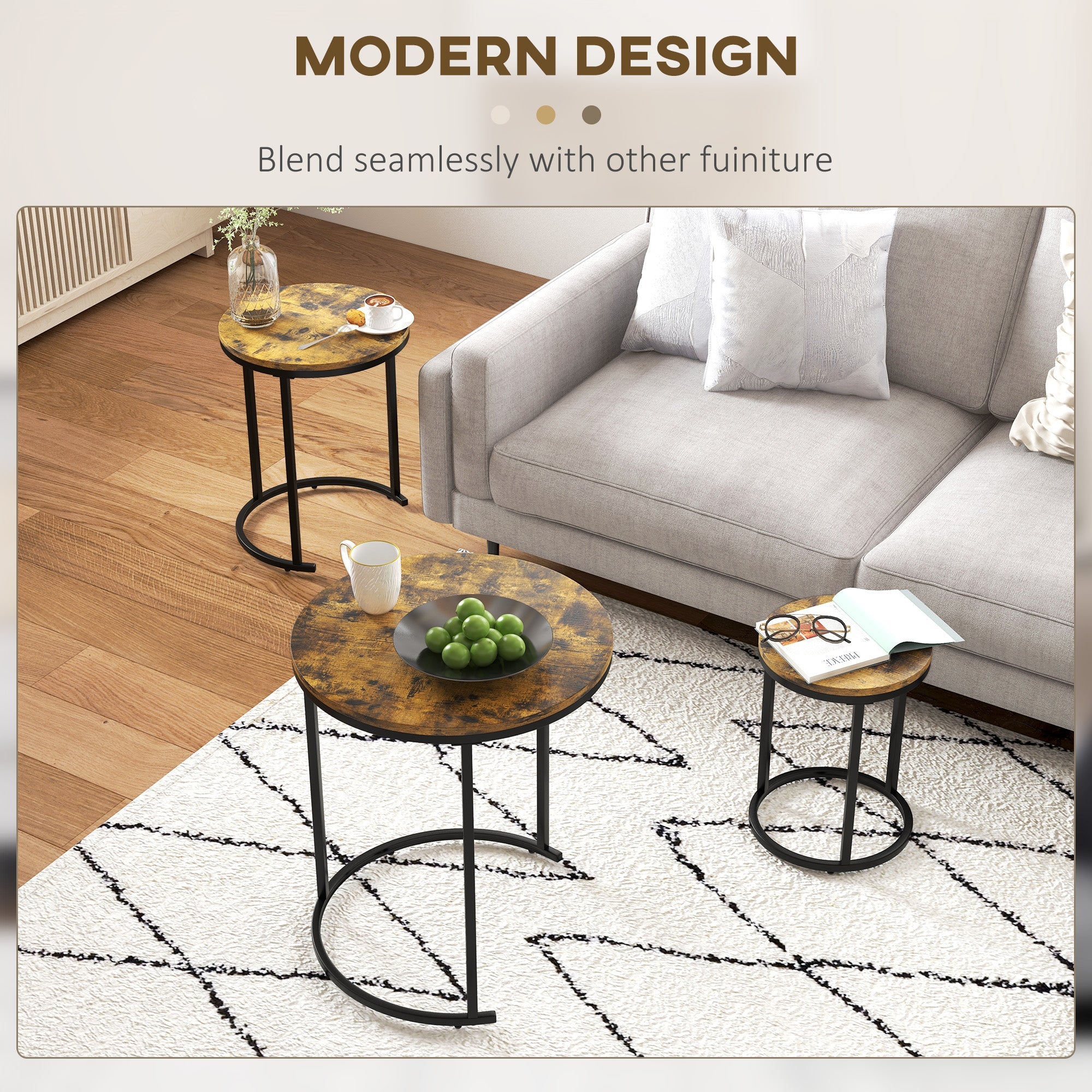 HOMCOM Nesting Coffee Tables Set of 3, Stacking Round Side Tables with Steel Frame for Living Room, Rustic Brown