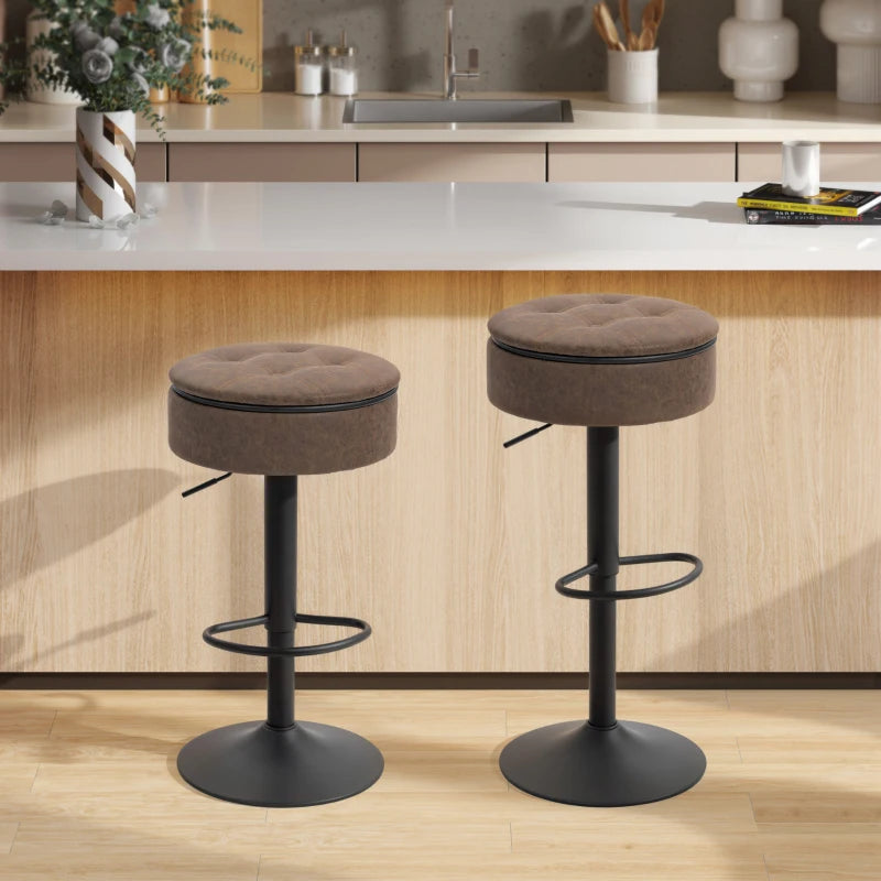 Set of 2 Barstools with Storage, Swivel Bar Stools with PU Leather Upholstered, Footrest, Steel Base, Brown