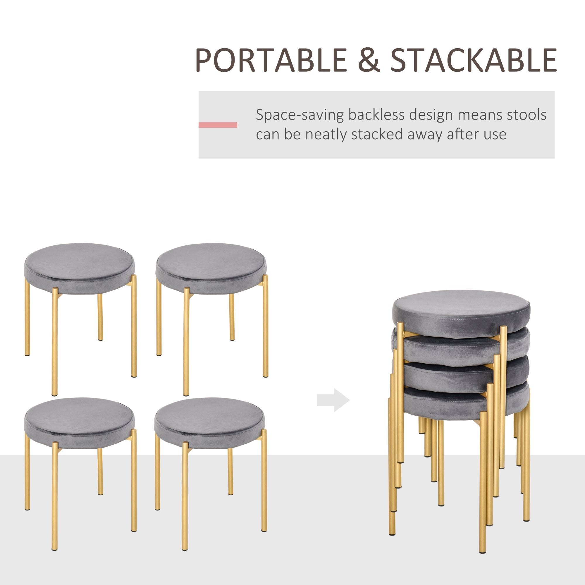 HOMCOM Stackable Dining Stools: Backless Round Velvet-Touch Stools Set of 4, Grey Finish with Metal Legs for Kitchen Accent